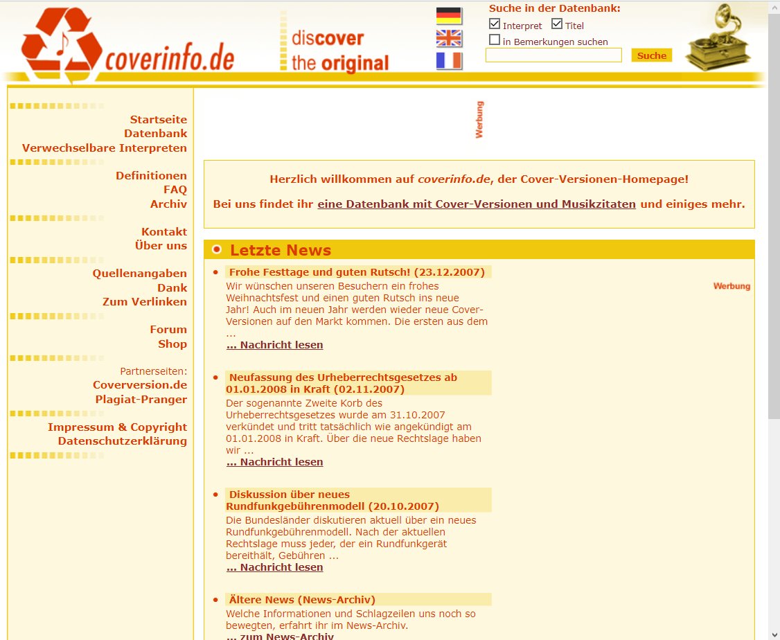 Screenshot 2007: Startseite mit Spalte &bdquo;Letzte News&ldquo;