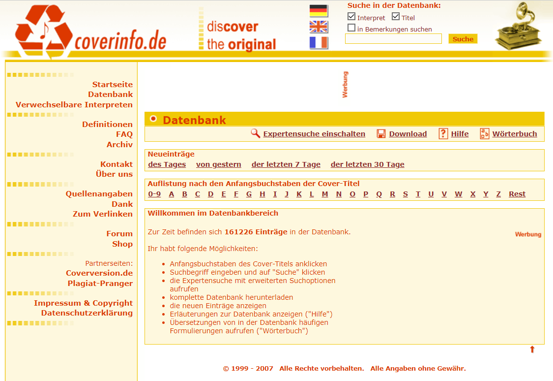 Screenshot 2007: Datenbankbereich mit &uuml;ber 161.000 Eintr&auml;gen