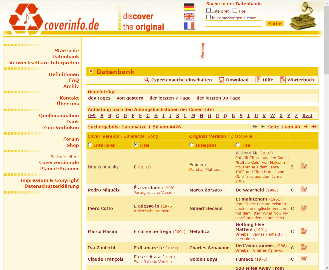 Screenshot 2007: Datenbank-Auflistung mit Cover- und Original-Spalten