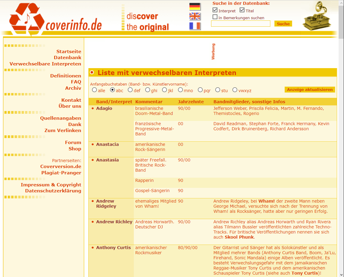 Screenshot 2007: Liste verwechselbarer Interpreten