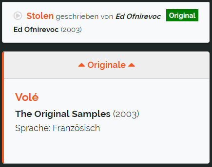 Beispiel-Darstellung: Song &bdquo;Stolen&ldquo; von Ed Ofnirevoc mit aufgeklapptem Kasten &bdquo;Originale&ldquo;