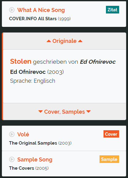 Beispiel: Song &bdquo;What A Nice Song&ldquo; mit K&auml;sten &bdquo;Originale&ldquo; und &bdquo;Cover, Samples&ldquo;