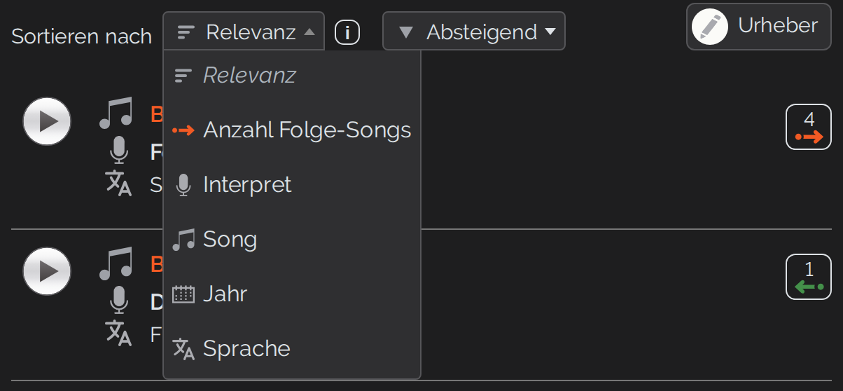Ge&ouml;ffnetes Sortiermen&uuml; der Songliste mit allen sechs Eintr&auml;gen Relevanz, Anzahl Folge-Songs, Interpret, Song, Jahr und Sprache, daneben die Auswahl &bdquo;Absteigend" und das Info-Zeichen