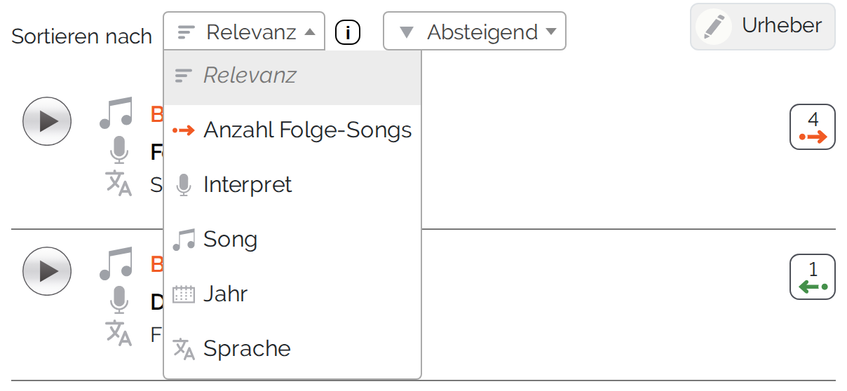 Ge&ouml;ffnetes Sortiermen&uuml; der Songliste mit allen sechs Eintr&auml;gen Relevanz, Anzahl Folge-Songs, Interpret, Song, Jahr und Sprache, daneben die Auswahl &bdquo;Absteigend" und das Info-Zeichen