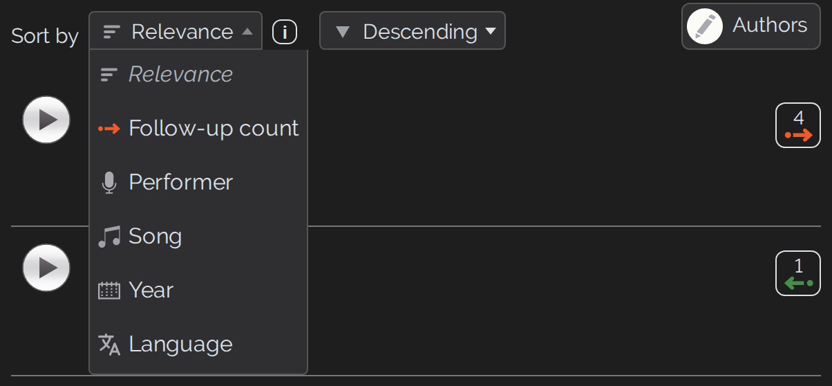 Open sorting menu of the song list with all six entries Relevance, Follow-up count, Performer, Song, Year and Language, next to it the &ldquo;Descending&rdquo; selection and an info sign