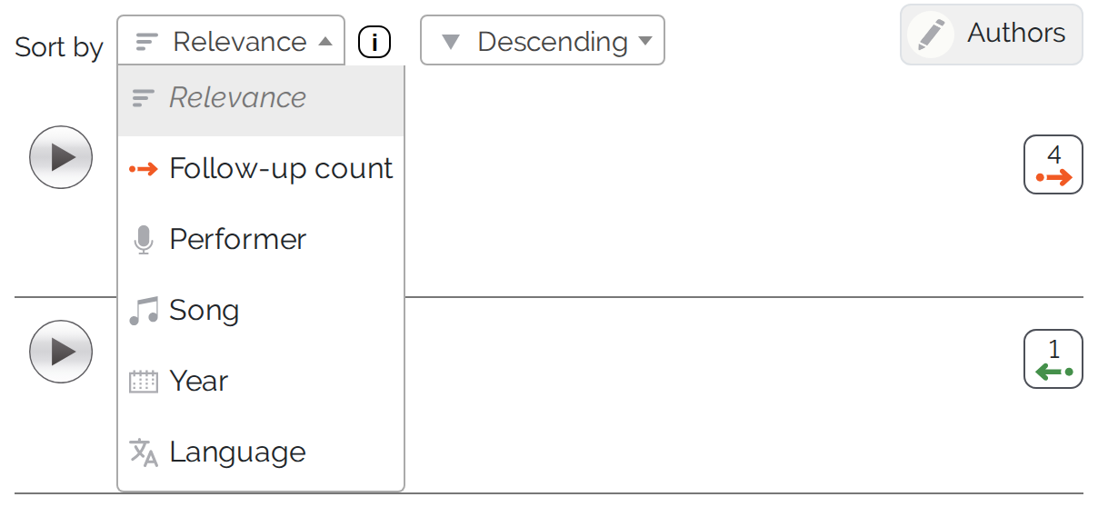 Open sorting menu of the song list with all six entries Relevance, Follow-up count, Performer, Song, Year and Language, next to it the &ldquo;Descending&rdquo; selection and an info sign