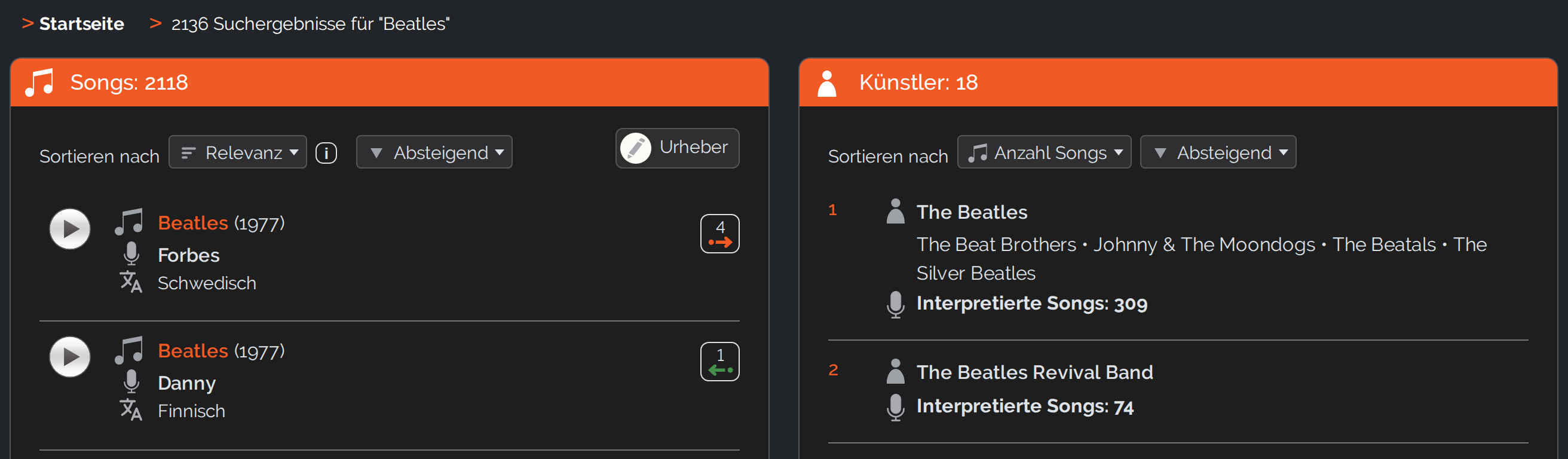 Suchergebnis-Seite zum Wort &bdquo;Beatles": oben die Zeile &bdquo;2136 Suchergebnisse", darunter links der Kasten &bdquo;Songs: 2118" und rechts der Kasten &bdquo;K&uuml;nstler: 18", je mit eigener Sortierzeile