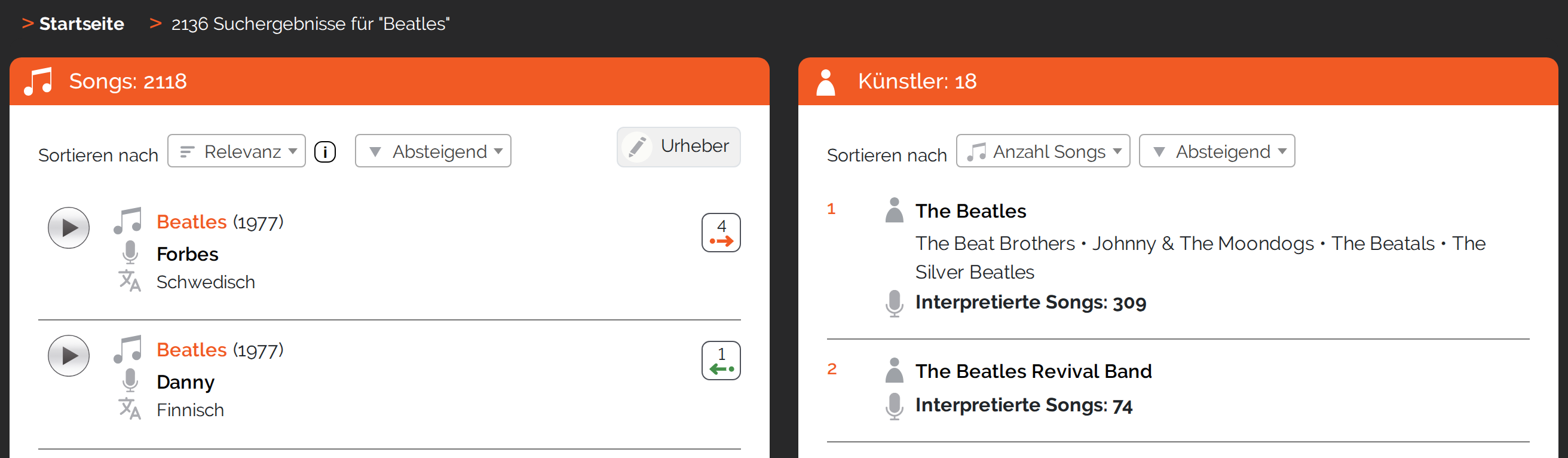 Suchergebnis-Seite zum Wort &bdquo;Beatles": oben die Zeile &bdquo;2136 Suchergebnisse", darunter links der Kasten &bdquo;Songs: 2118" und rechts der Kasten &bdquo;K&uuml;nstler: 18", je mit eigener Sortierzeile