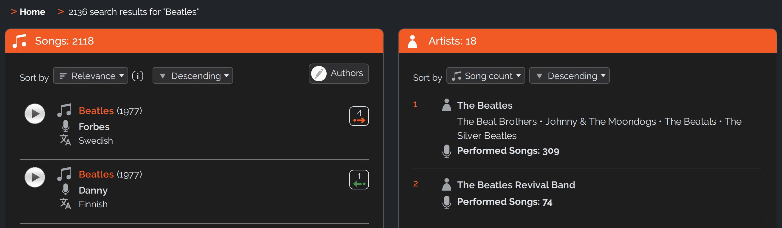 Search results page for the word &ldquo;Beatles&rdquo;: the line &ldquo;2136 search results&rdquo; at the top, below it the box &ldquo;Songs: 2118&rdquo; on the left and the box &ldquo;Artists: 18&rdquo; on the right, each with its own sorting row