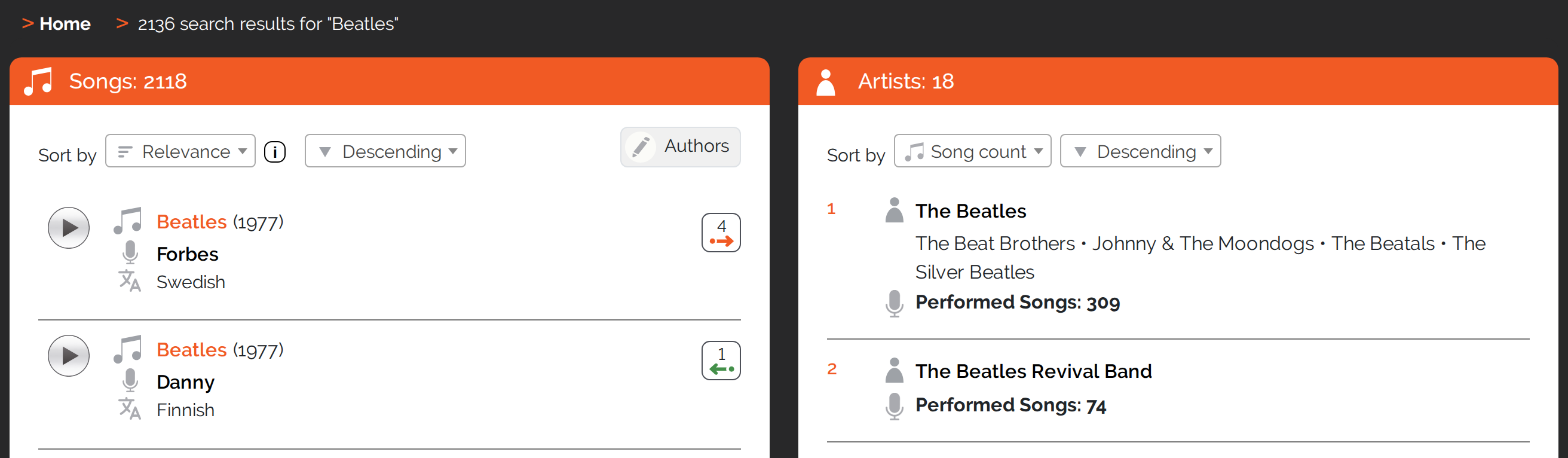 Search results page for the word &ldquo;Beatles&rdquo;: the line &ldquo;2136 search results&rdquo; at the top, below it the box &ldquo;Songs: 2118&rdquo; on the left and the box &ldquo;Artists: 18&rdquo; on the right, each with its own sorting row