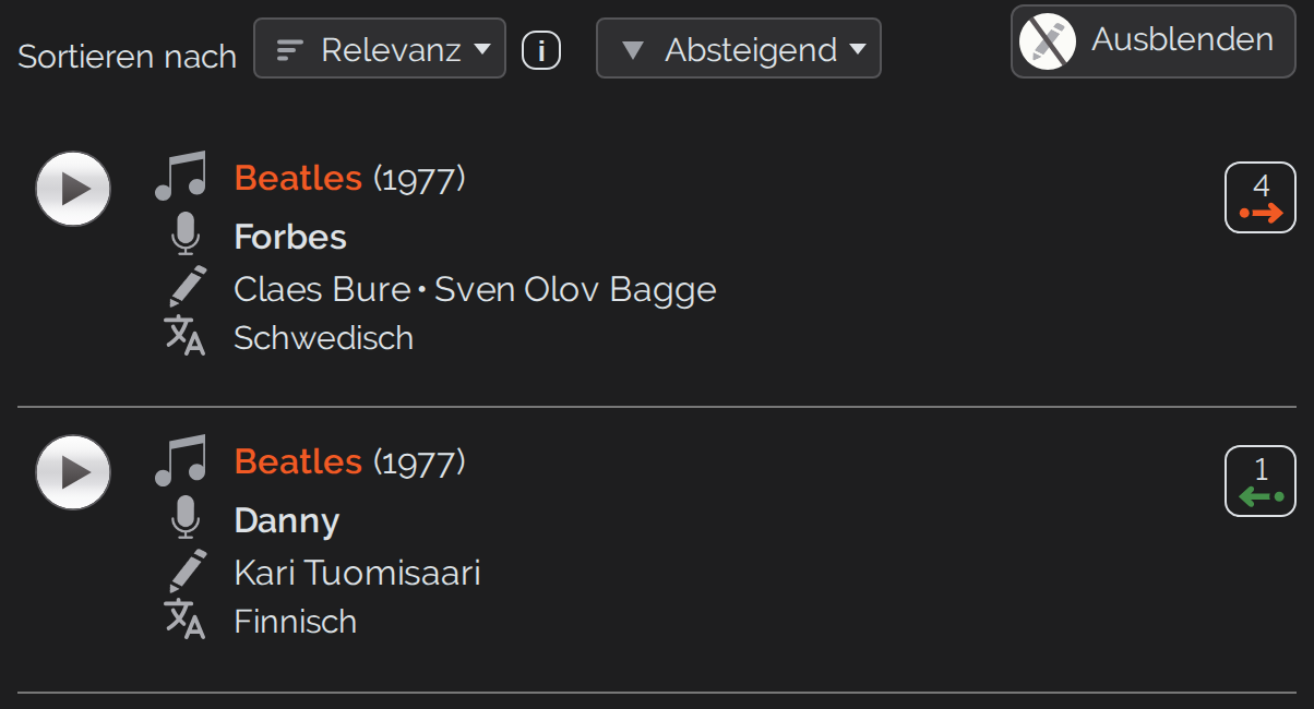 Songliste mit eingeschaltetem Urheber-Schalter: unter dem Interpreten steht jeweils eine weitere Zeile mit den Urhebern