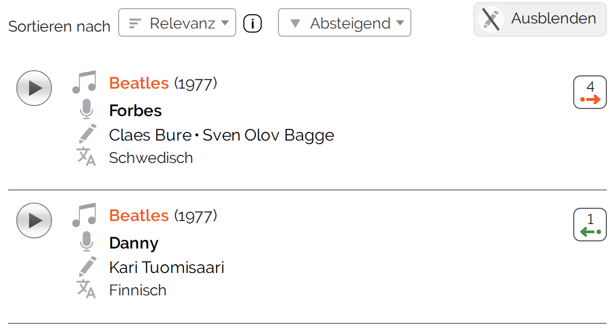 Songliste mit eingeschaltetem Urheber-Schalter: unter dem Interpreten steht jeweils eine weitere Zeile mit den Urhebern