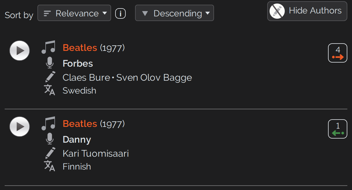 Song list with the authors switch turned on: below the performer there is an additional line with the authors