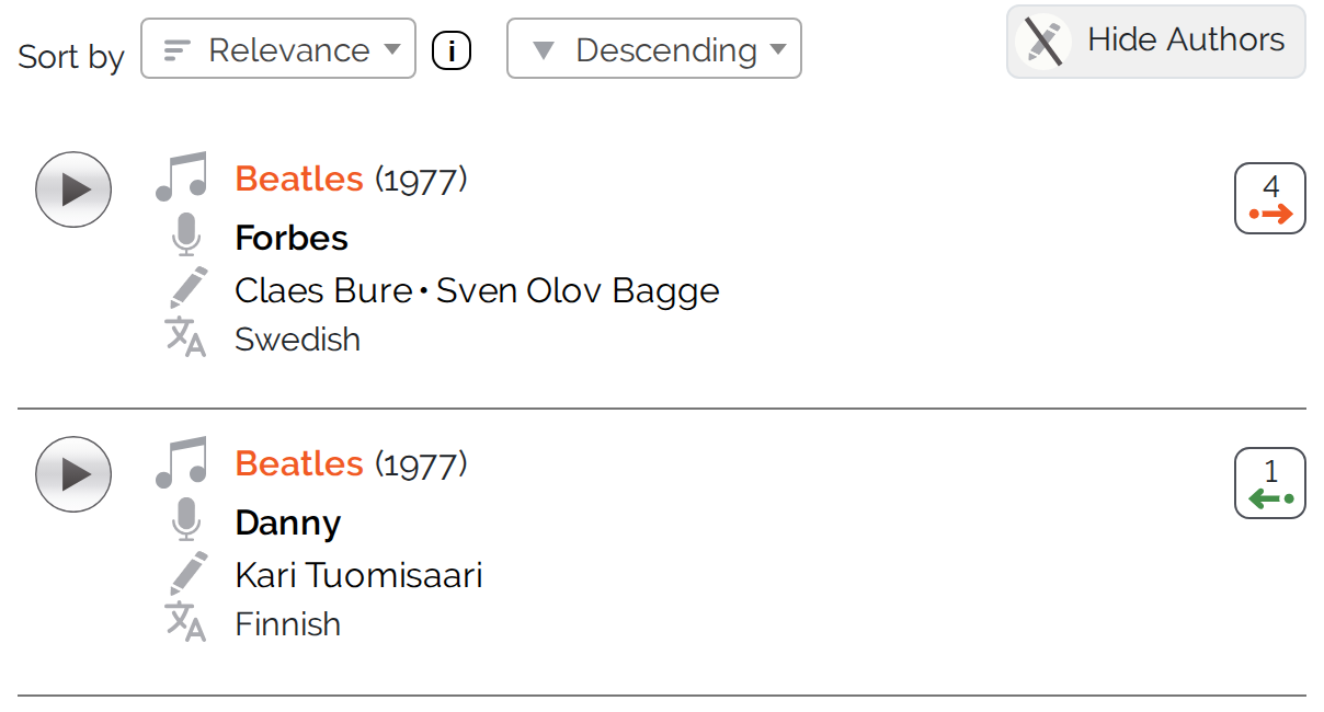 Song list with the authors switch turned on: below the performer there is an additional line with the authors