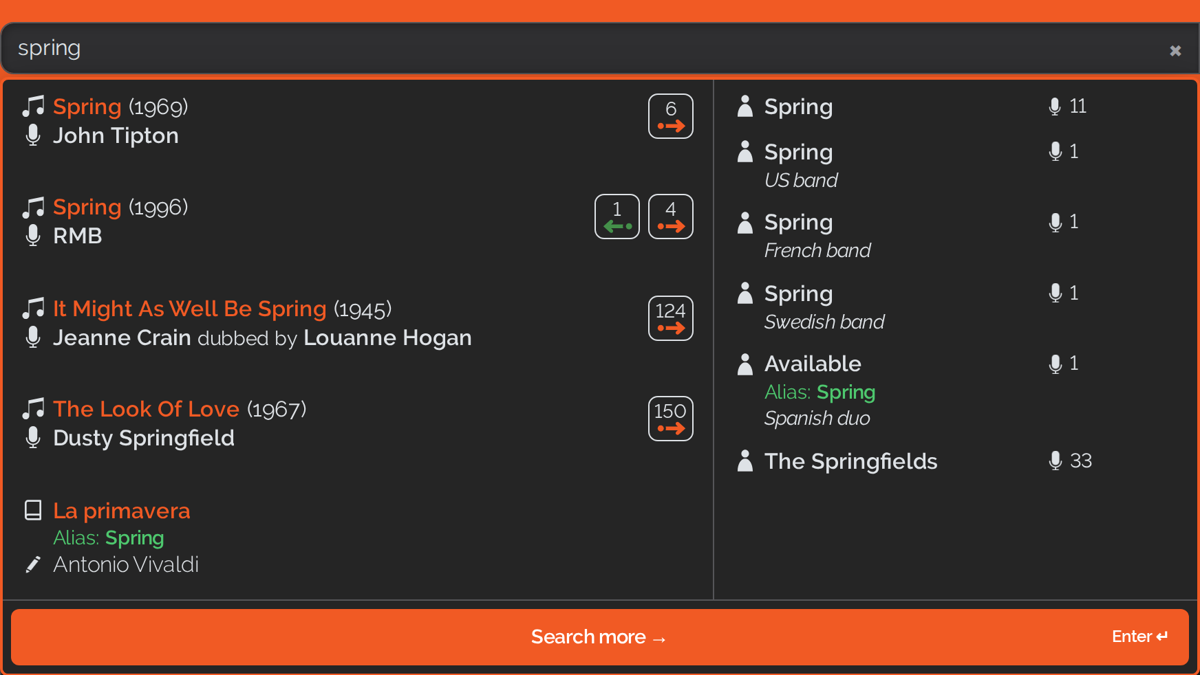Open suggestion panel for the word &ldquo;spring&rdquo;: songs with performer and song count on the left, among them the classical work &ldquo;La primavera&rdquo; with the line &ldquo;Alias: Spring&rdquo; and the composer Antonio Vivaldi; artists on the right, one of them found through a name variant and marked &ldquo;Alias: Spring&rdquo;; the &ldquo;Search more&rdquo; button at the bottom