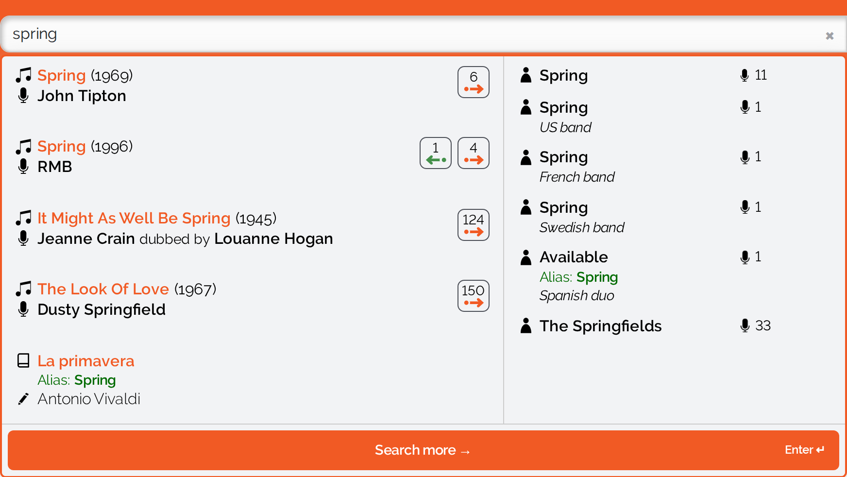 Open suggestion panel for the word &ldquo;spring&rdquo;: songs with performer and song count on the left, among them the classical work &ldquo;La primavera&rdquo; with the line &ldquo;Alias: Spring&rdquo; and the composer Antonio Vivaldi; artists on the right, one of them found through a name variant and marked &ldquo;Alias: Spring&rdquo;; the &ldquo;Search more&rdquo; button at the bottom