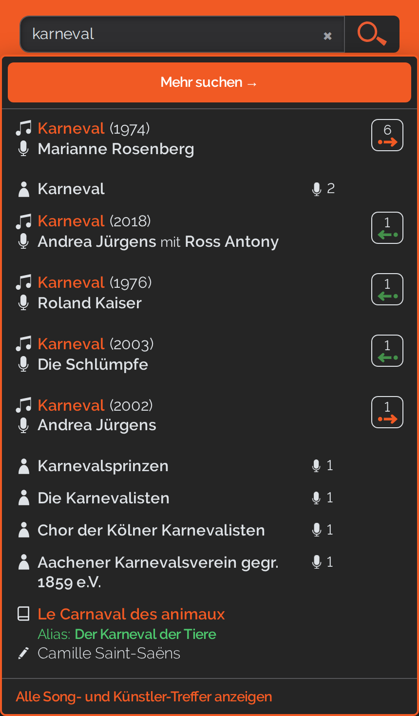 Dasselbe Vorschlagsfeld auf einem Telefon: eine einzige gemischte Liste aus Songs und K&uuml;nstlern, der Knopf &bdquo;Mehr suchen" ganz oben und unten die Zeile &bdquo;Alle Song- und K&uuml;nstler-Treffer anzeigen"