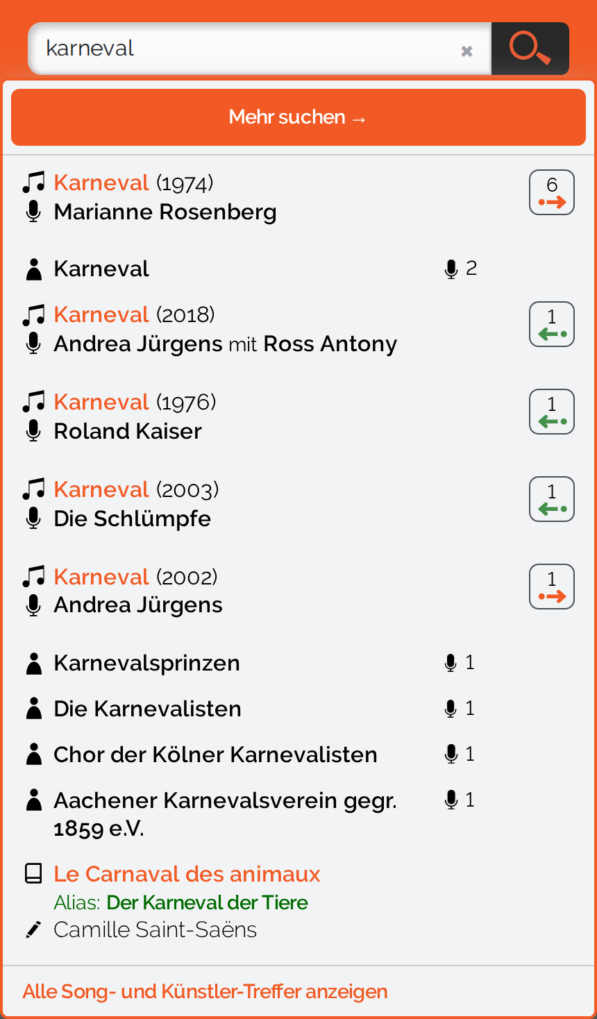 Dasselbe Vorschlagsfeld auf einem Telefon: eine einzige gemischte Liste aus Songs und K&uuml;nstlern, der Knopf &bdquo;Mehr suchen" ganz oben und unten die Zeile &bdquo;Alle Song- und K&uuml;nstler-Treffer anzeigen"