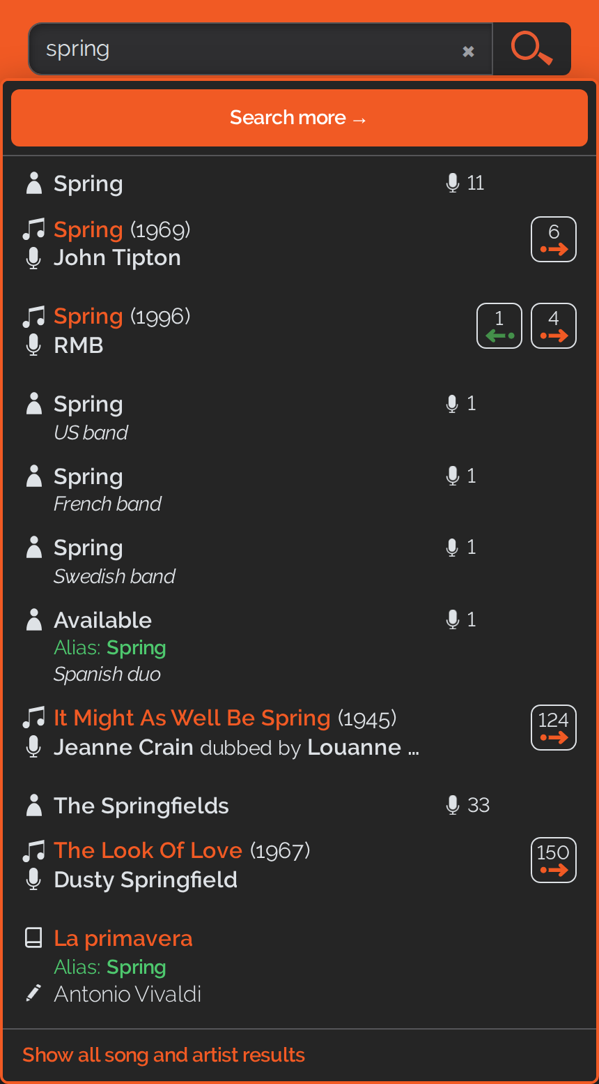 The same suggestion panel on a phone: a single list with songs and artists mixed together, the &ldquo;Search more&rdquo; button right at the top and the line &ldquo;Show all song and artist results&rdquo; at the bottom
