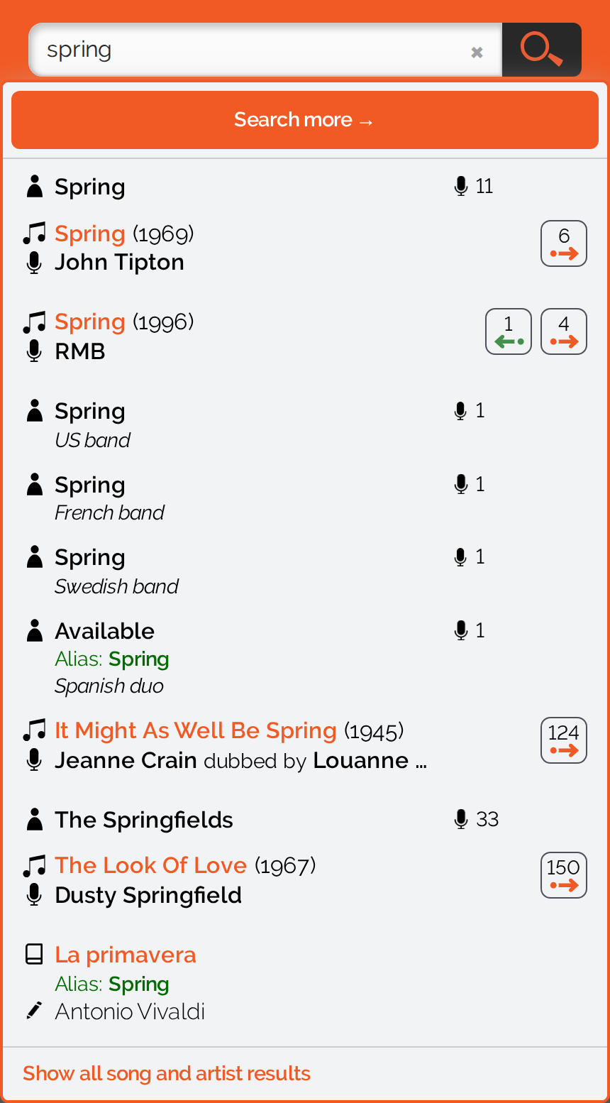 The same suggestion panel on a phone: a single list with songs and artists mixed together, the &ldquo;Search more&rdquo; button right at the top and the line &ldquo;Show all song and artist results&rdquo; at the bottom