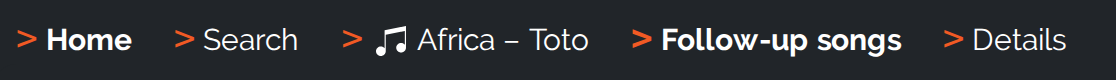 Breadcrumb navigation of a song page: Home, Search, Africa &ndash; Toto, Follow-up songs, Details