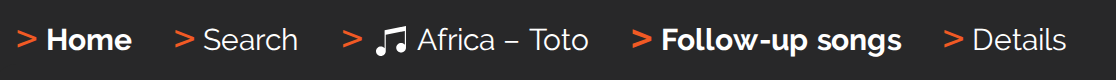 Breadcrumb navigation of a song page: Home, Search, Africa &ndash; Toto, Follow-up songs, Details