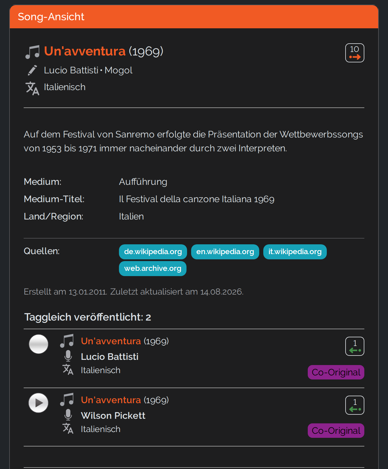 Song-Ansicht von Un&rsquo;avventura mit der Liste &bdquo;Taggleich ver&ouml;ffentlicht&ldquo;: zwei Fassungen von 1969, beide mit dem Label Co-Original