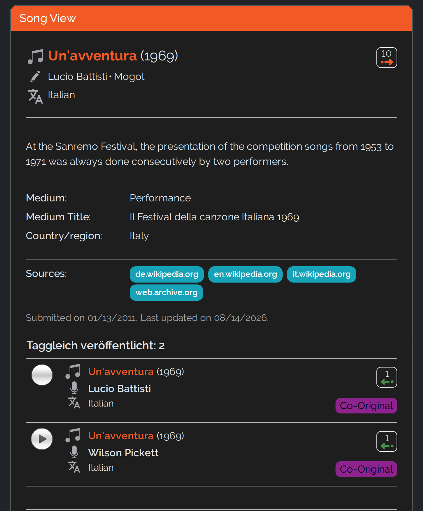 Song view of Un&rsquo;avventura with its list of versions released on the same day: two 1969 versions, both carrying the co-original label