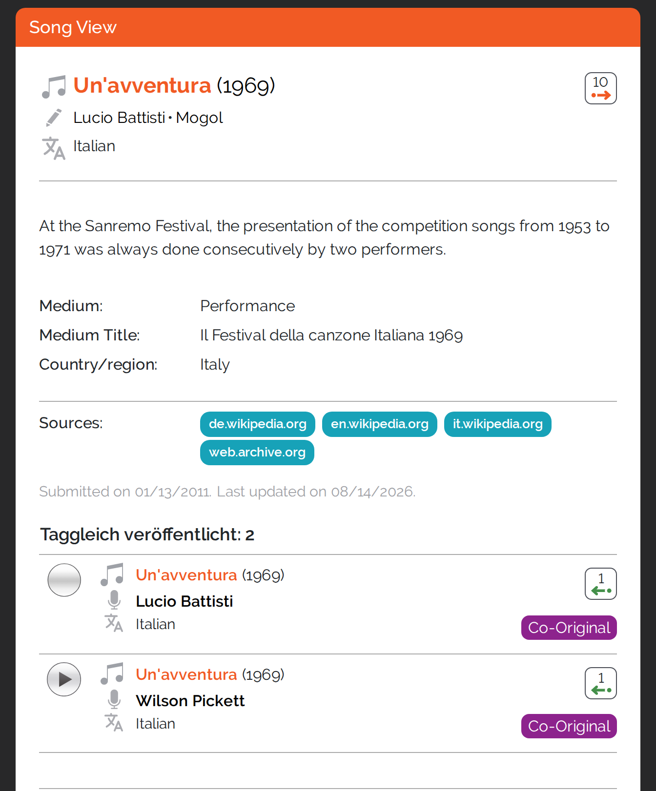 Song view of Un&rsquo;avventura with its list of versions released on the same day: two 1969 versions, both carrying the co-original label