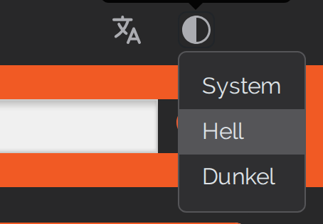 Der aufgeklappte Umschalter mit den drei Einträgen Hell, Dunkel und System