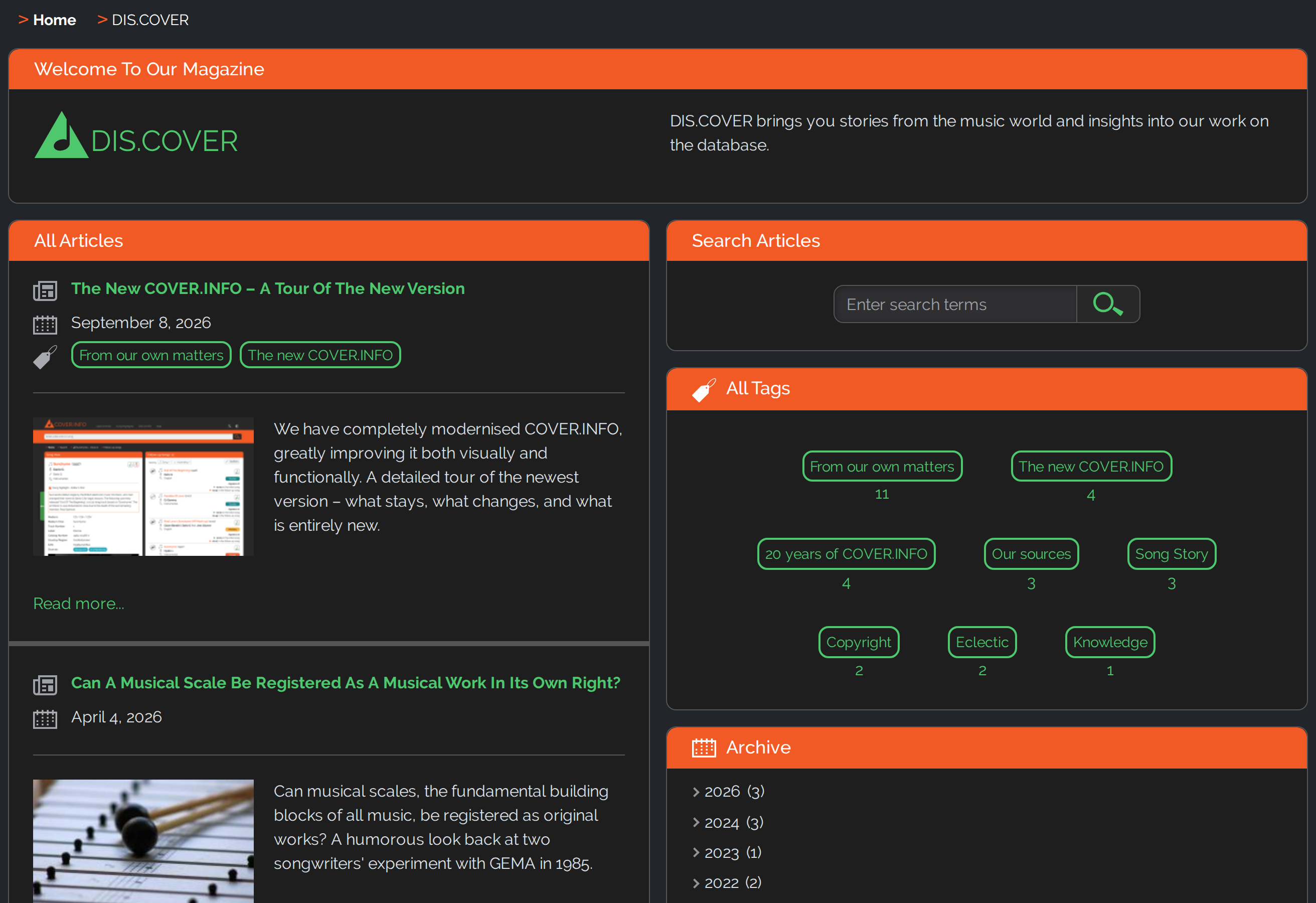 The DIS.COVER magazine with article list, article search and tags