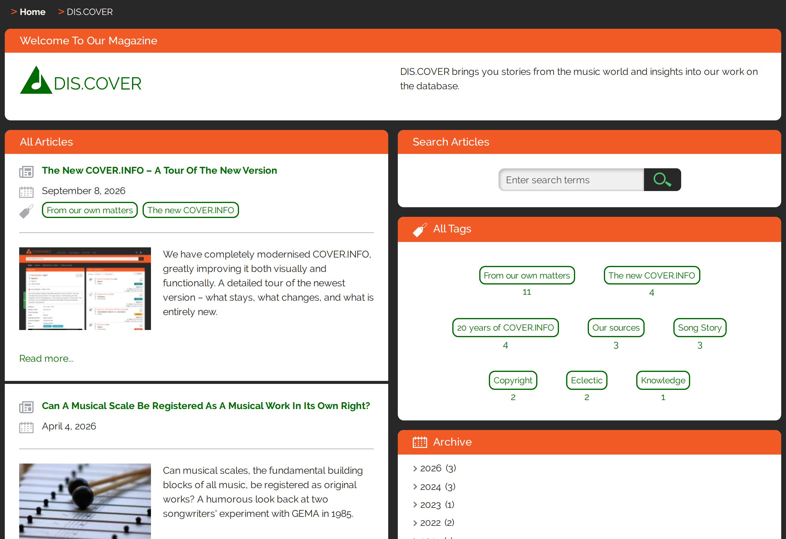 The DIS.COVER magazine with article list, article search and tags