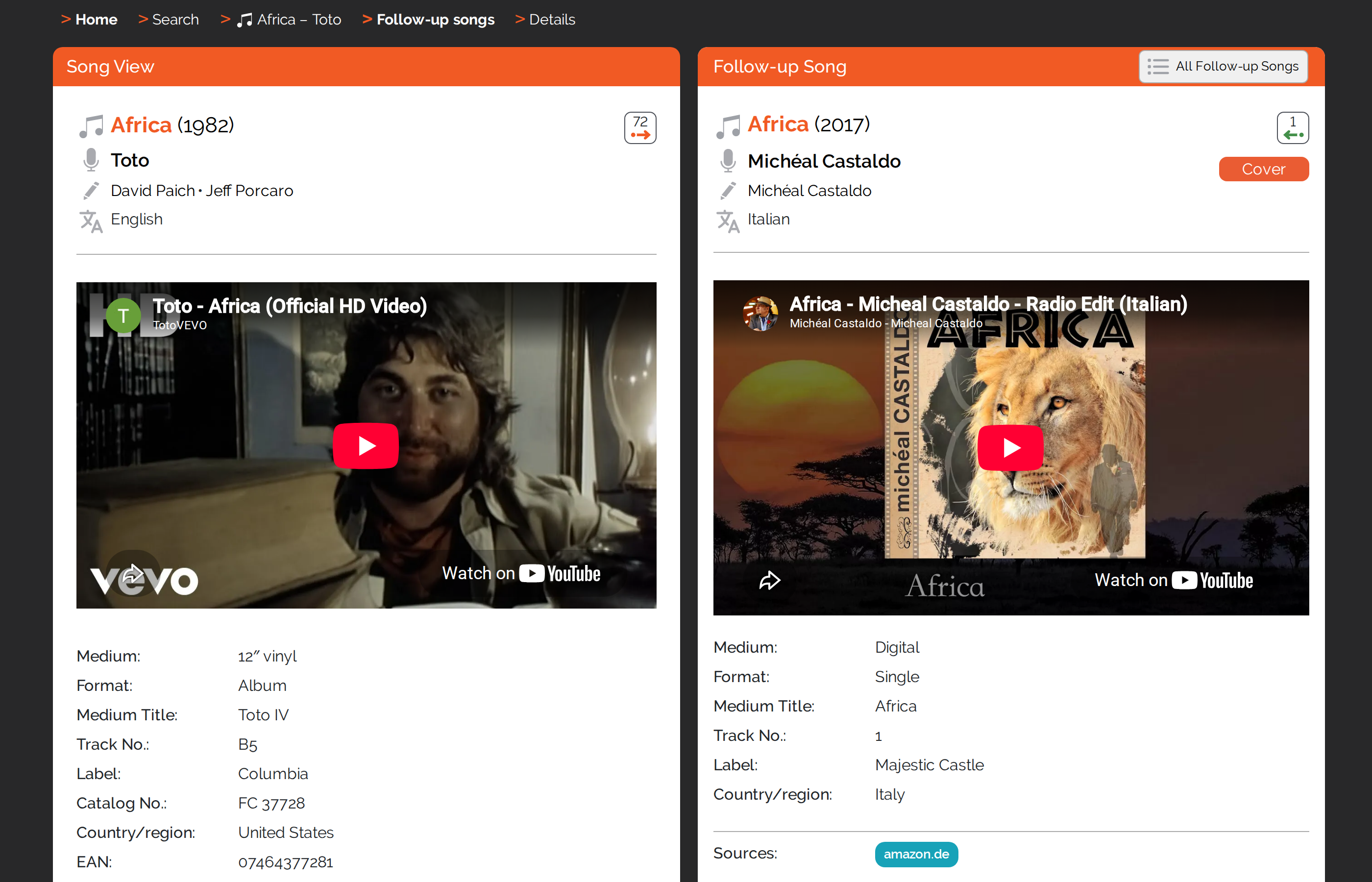 Details of an initial song and a follow-up song compared directly side by side