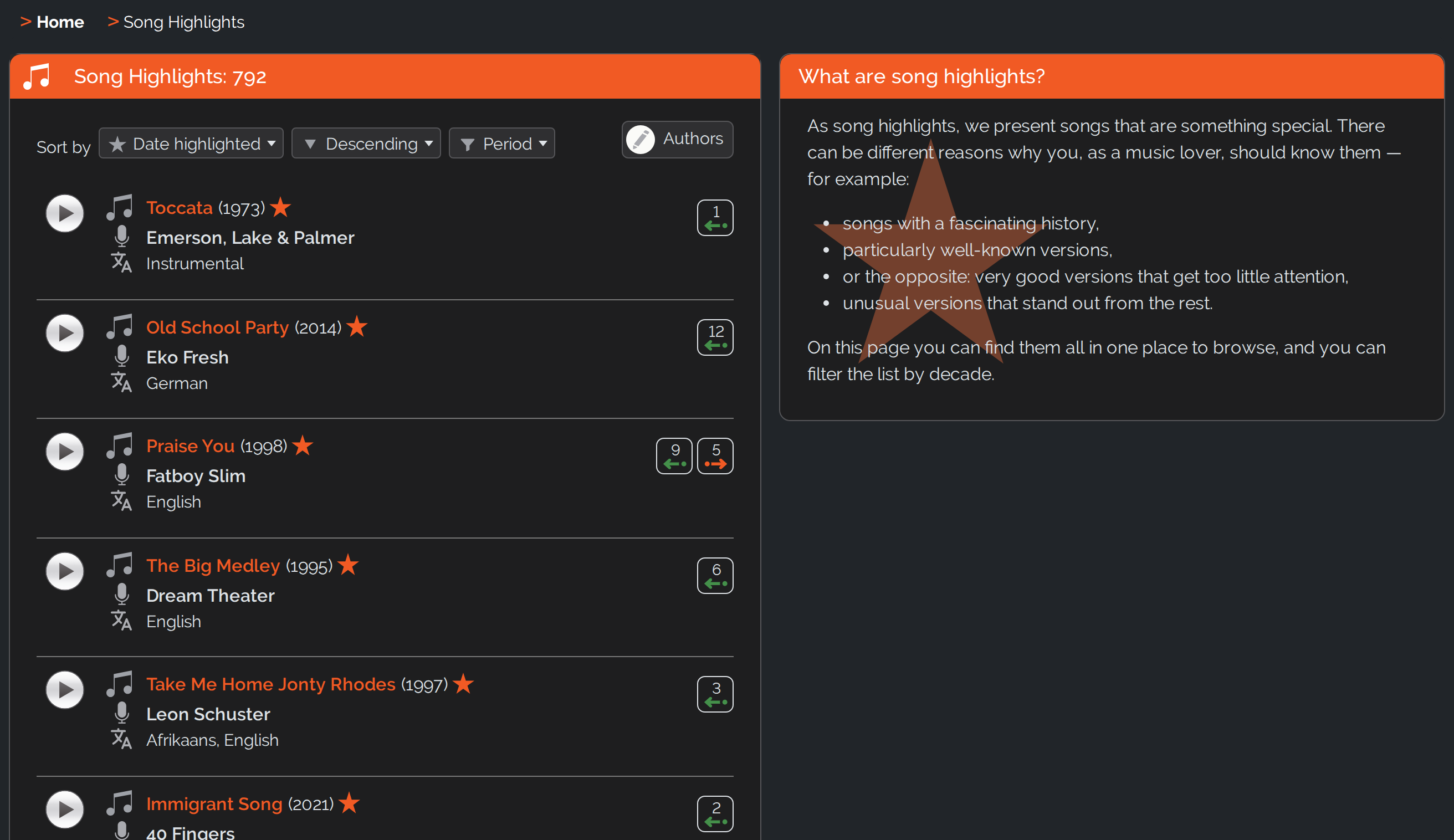 The Song Highlights page: all highlights marked with a star, sortable and filterable by period