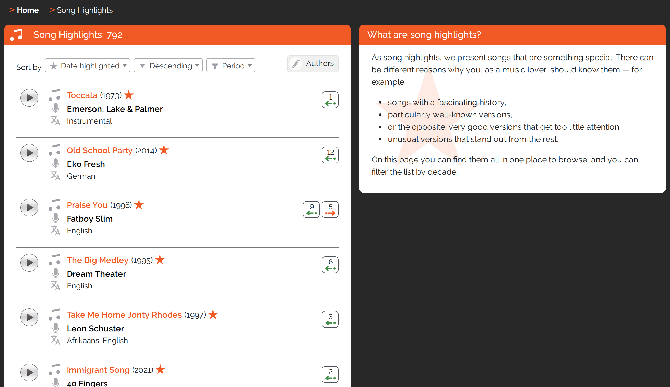 The Song Highlights page: all highlights marked with a star, sortable and filterable by period