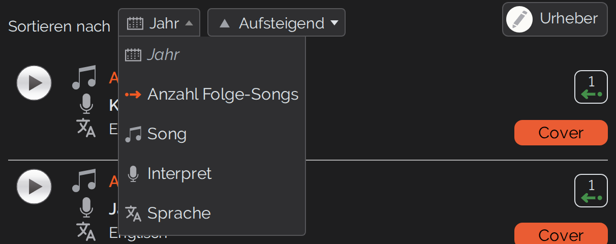 Aufgeklapptes Sortiermen&uuml; einer Ursprungs-Songs-Liste mit den Kriterien Reihenfolge im Folge-Song, Anzahl Folge-Songs, Jahr, Song und Interpret