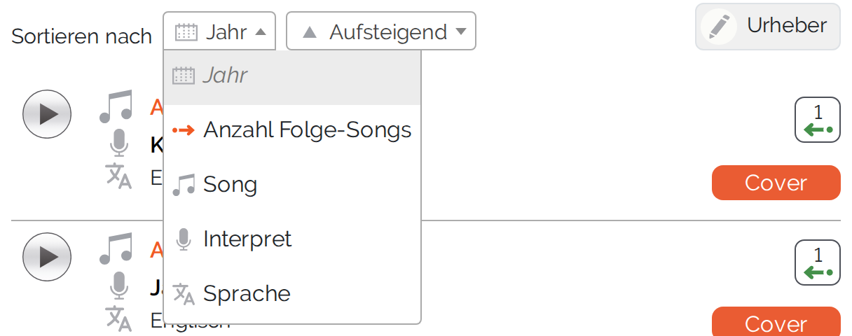 Aufgeklapptes Sortiermenü einer Ursprungs-Songs-Liste mit den Kriterien Reihenfolge im Folge-Song, Anzahl Folge-Songs, Jahr, Song und Interpret