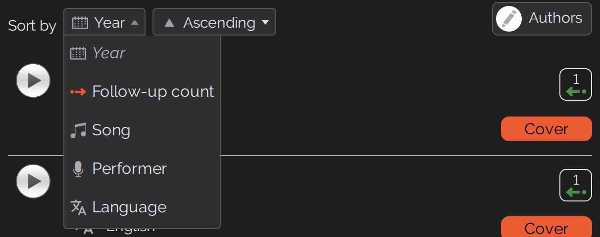 Opened sort menu of an initial-songs list with the criteria Order in the follow-up song, Follow-up count, Year, Song and Performer