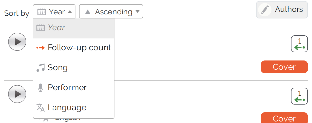 Opened sort menu of an initial-songs list with the criteria Order in the follow-up song, Follow-up count, Year, Song and Performer
