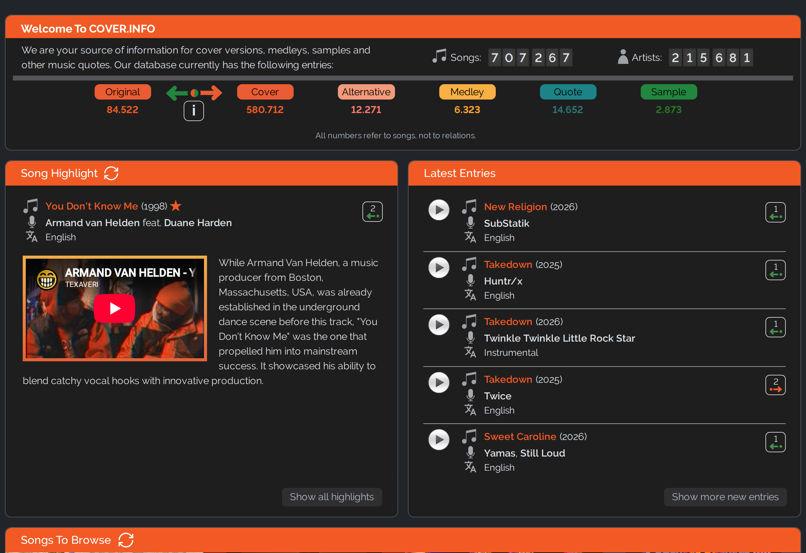 The new start page with statistics, song highlight and the latest entries