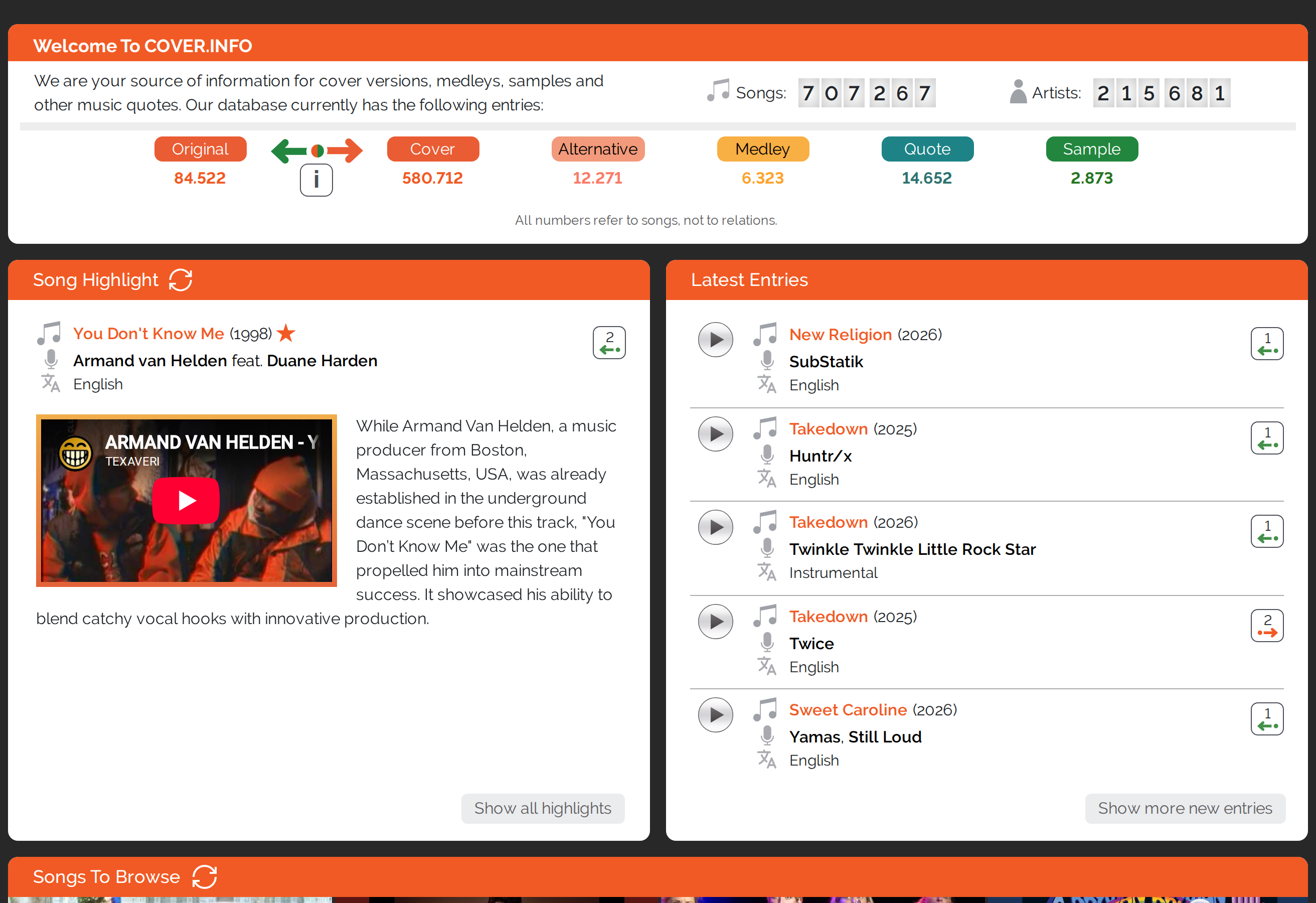 The new start page with statistics, song highlight and the latest entries