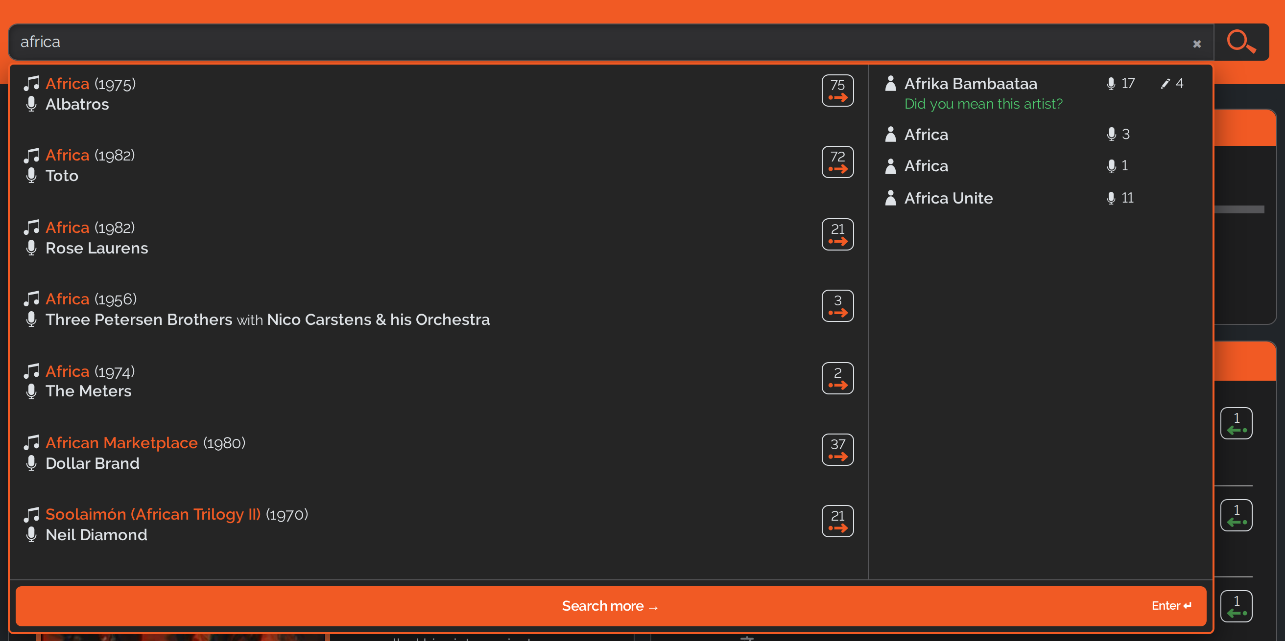 Suggestion panel below the search field: songs with year, performer and song count on the left, artists with their song numbers on the right