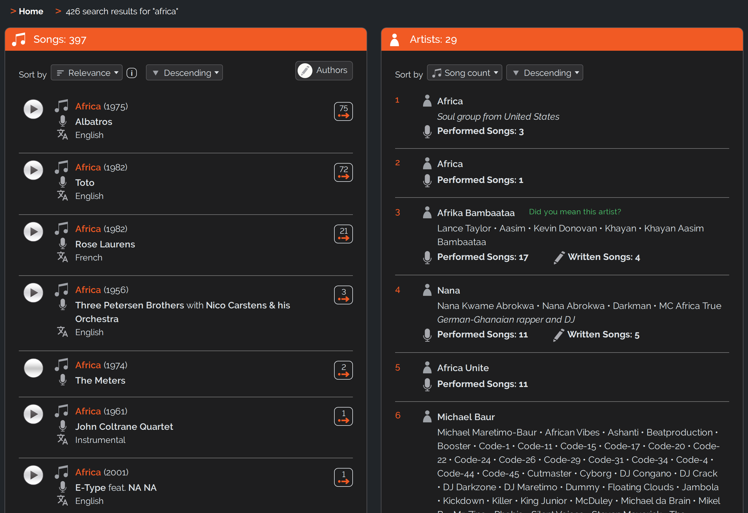 The results page: songs in the left box, artists in the right, each sortable on its own