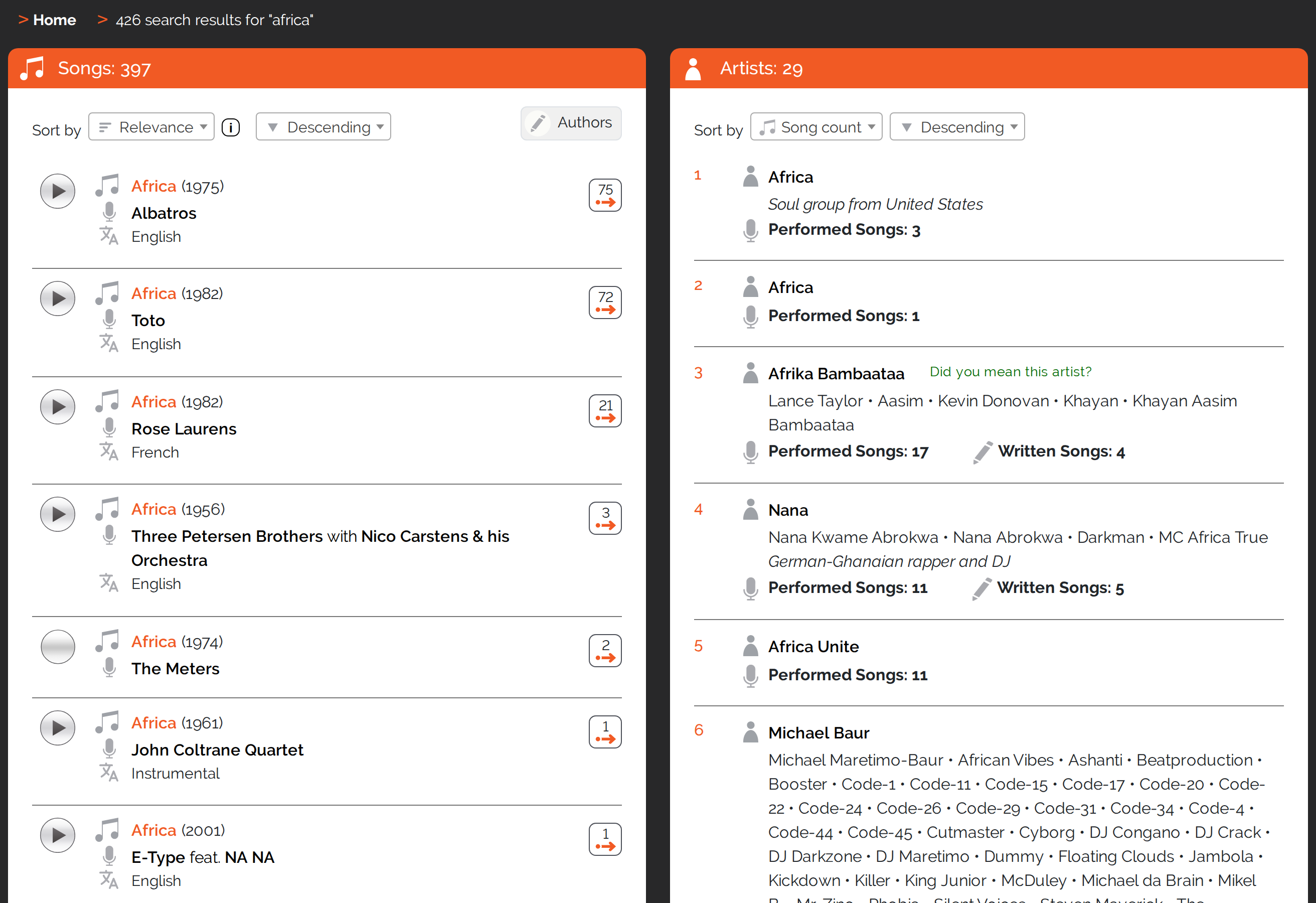 The results page: songs in the left box, artists in the right, each sortable on its own