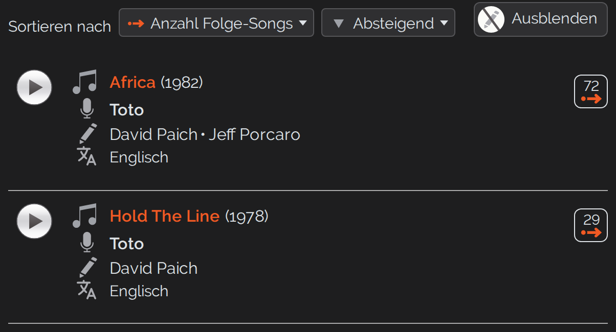 Songliste mit dem Schalter &uuml;ber der Liste, der die Urheber-Spalte ein- und ausblendet
