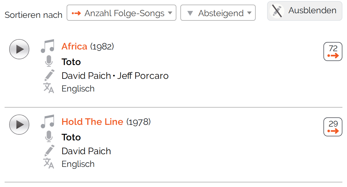 Songliste mit dem Schalter über der Liste, der die Urheber-Spalte ein- und ausblendet