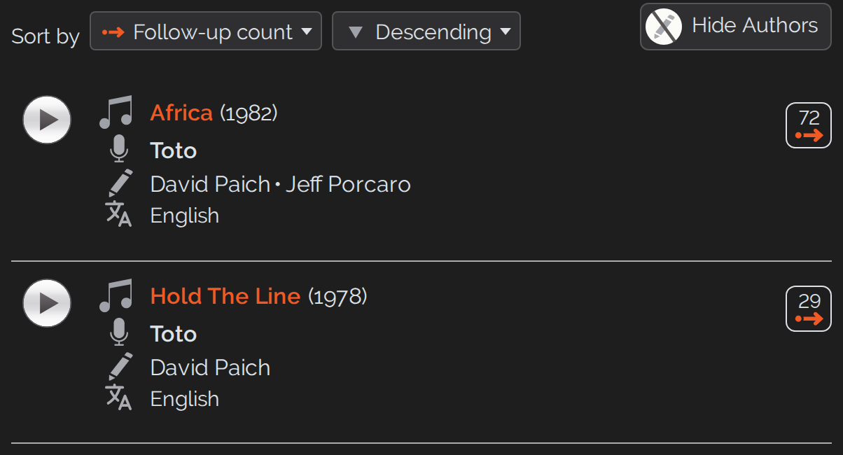 Song list with the switch above it that shows and hides the authors column