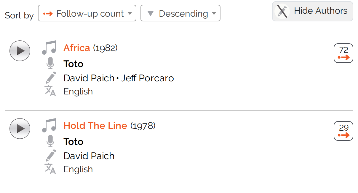 Song list with the switch above it that shows and hides the authors column